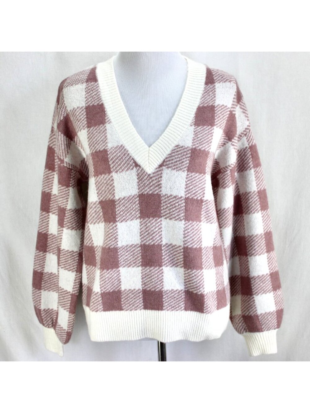 Loft V Neck Sweater Womens Size XS Pink Ivory Check Long Sleeve Pullover NEW